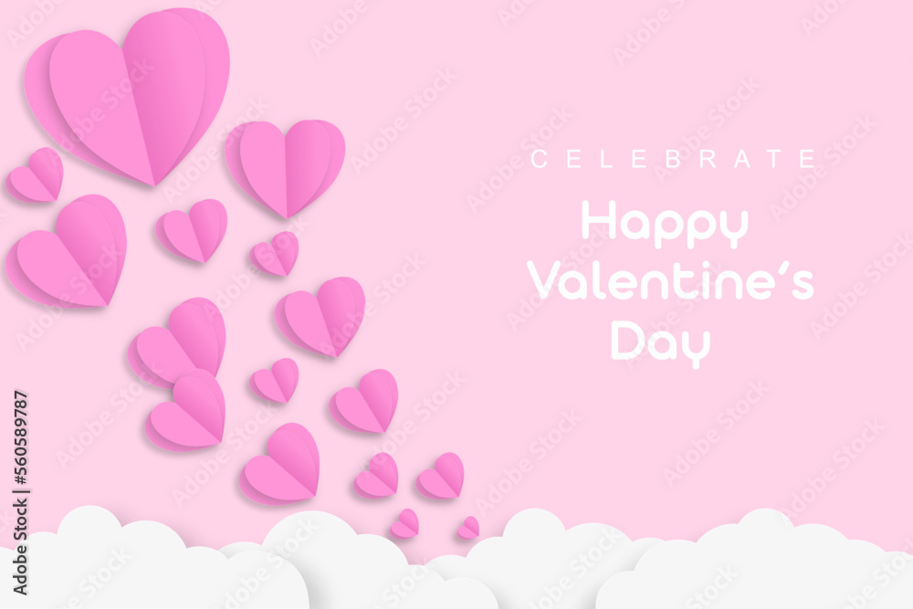 Paper cut of Happy Valentine's Day text with pink heart and paper cut clouds on pastel color background for banner or greeting card. Valentine's day concept background 