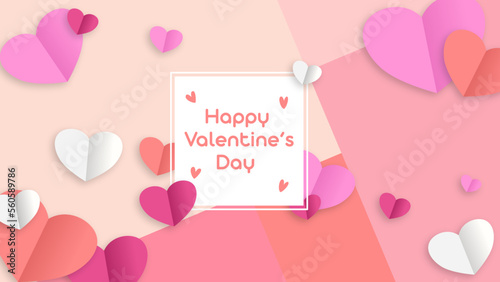 Multicolored heart paper hearts with white square frame. Cute love sale banner or greeting card. Valentine's day concept background 