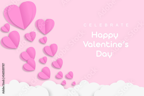 Paper cut of Happy Valentine's Day text with pink heart and paper cut clouds on pastel color background for banner or greeting card. Valentine's day concept background 
