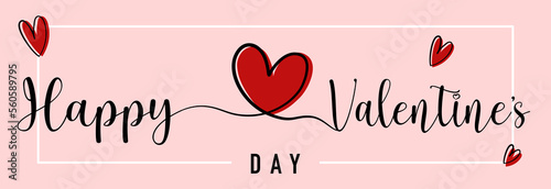 Happy Valentine's day. Hand drawn brush pen lettering on pastel color background with red heart for banner or greeting card. Valentine's day concept background 