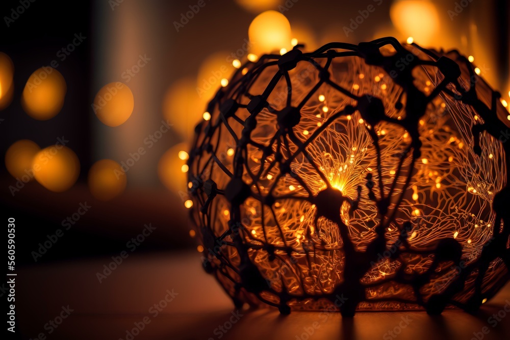 Φωτογραφία close-up shot of a glowing lamp, with the light reflecting off of a network of i