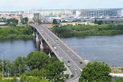 Nizhny Novgorod, Russia, 06.11.2022. City panorama, Kanavinsky bridge over the Volga River. Urban environment and architecture. Panoramic view of the city.