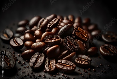 close-up shot of coffee beans arranged in a pattern on a dark background, with selective focus on the beans to showcase their texture and colour (AI Generated)