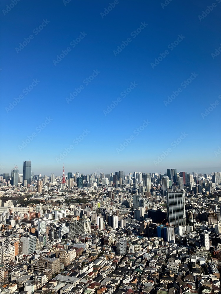 Tokyo aerial sky view from Ebisu, you can find Shinjuku and Shibuya area, and Tokyo tower. Business central town in Tokyo, Japan.