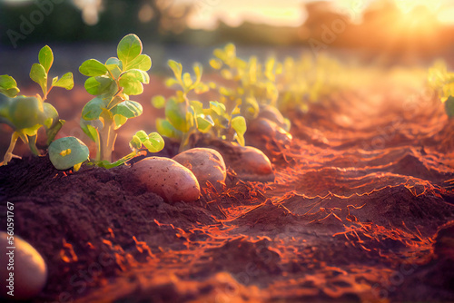 Freshly dug up potatoes in a field in the sun, generative ai