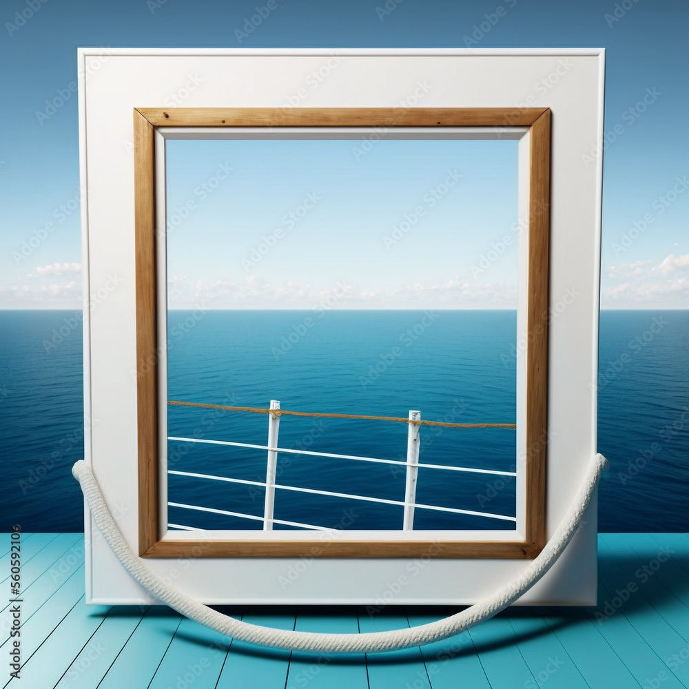 Fototapeta premium white frame with a background of ships sailing in the ocean. Generative ai