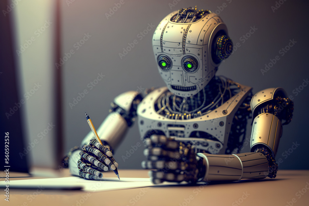 Chatgpt bot writing answers with pen on paper, Generative AI - obrazy, fototapety, plakaty 