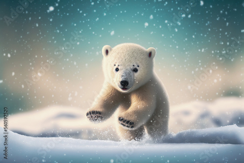 Baby polar bear playing in the snow and jumping, Generative AI © BPawesome