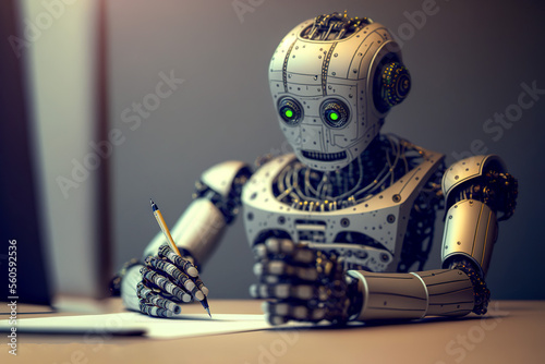 Chatgpt bot writing answers with pen on paper, Generative AI