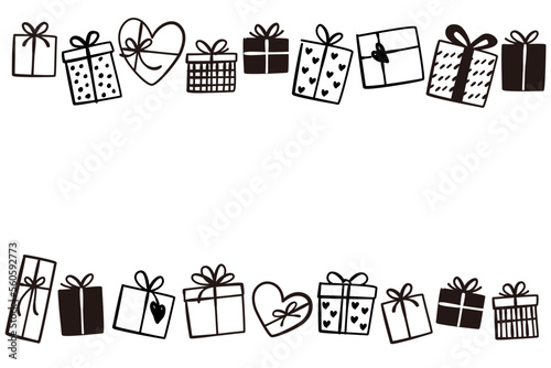 Valentine gift box black frame illustration, Vector hand drawn illustration.