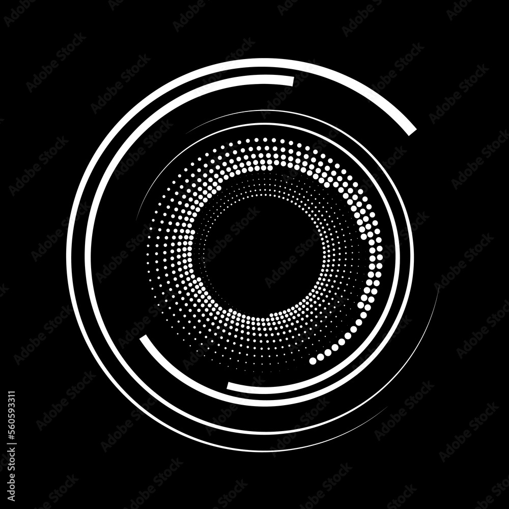 White halftone dots and speed lines in round form. Geometric art. Design element for border frame, round logo, tattoo, sign, symbol, badge, emblem, social media, prints, template, pattern, backdrop