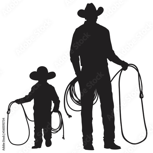 Vector silhouettes of a young little cowboy with a lasso rope a adult man (his dad) next to him also holding a lasso rope.