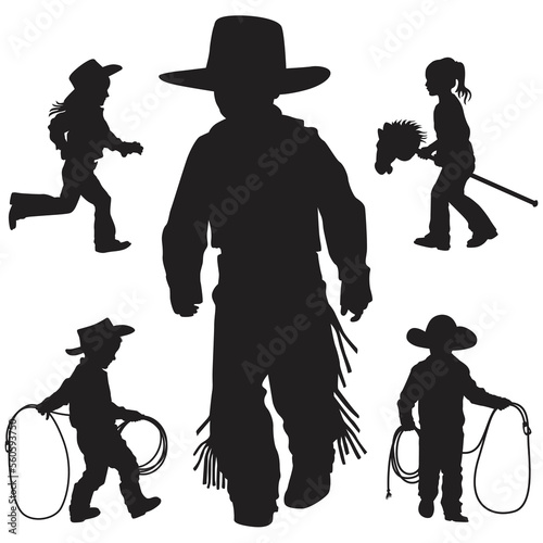 Vector silhouettes of a young cowboy and cowgirl children playing. A young little cowboy with a lasso rope. A young cowgirl riding a stick horse. A yooung child cowboy wearing chaps. © LUGOSTOCK