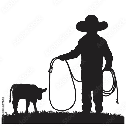 A vector silhouette of a young little cowboy with a lasso rope with a young calf on the distance.