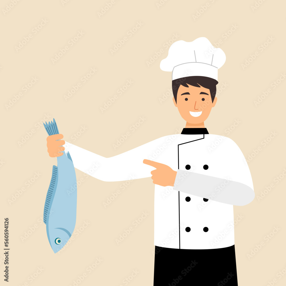 Chef preparing fresh fish for lunch or dinner meal in flat design. Chef preparing fresh fish for lunch or dinner meal in flat design.