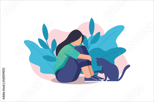Depressed sad lonely woman in anxiety with cat, sorrow vector cartoon illustration. Loneliness concept of depression with stressed girl sitting and holding her knees need psychotherapy help,