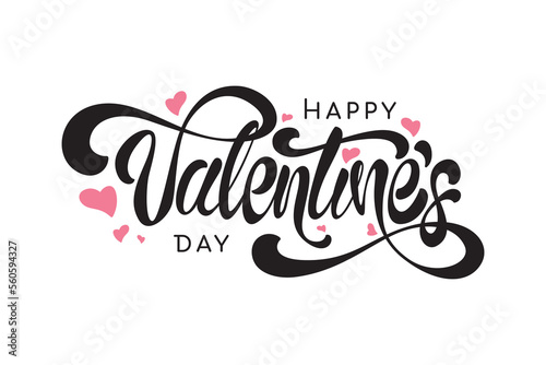 Happy Valentine's Day Text Design, Vector Black and white, Handwriting, Banner With Pink Heart