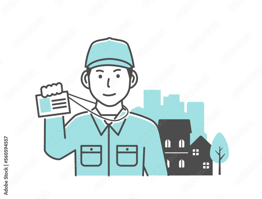 Vector illustration of a male worker visiting a house (showing an ID card)
