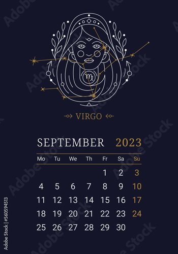 2023 Astrology wall monthly calendar with Virgo zodiac sign. Vertical september calendar template with zodiac constellation and stars on blue sky, week starts on Sunday thin line vector illustration
