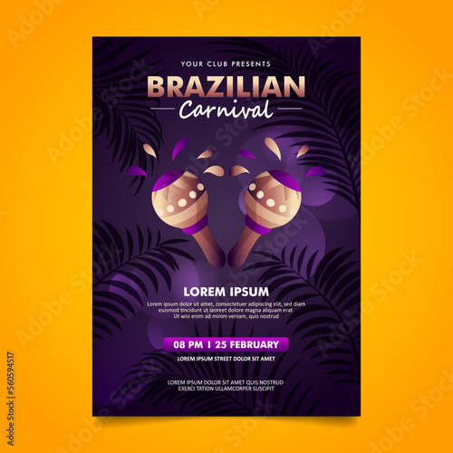 Brazilian carnival flyer poster design with dark purple and golden color design