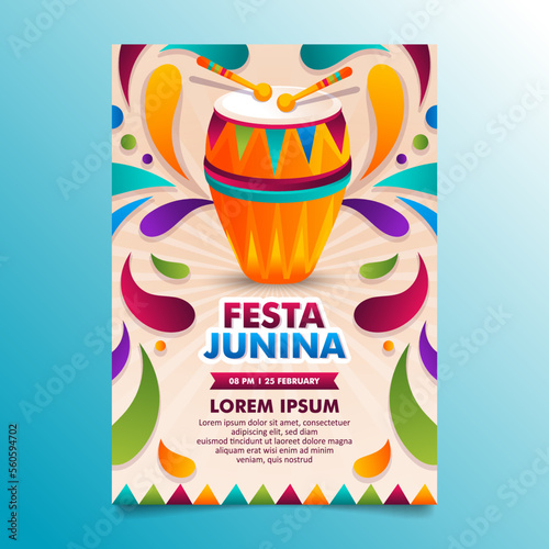 Festa junina party celebration flyer poster design with drum and colorful decorative elements