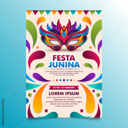 Brazilian Festival Festa Junina flyer Design with colorful carnival mask