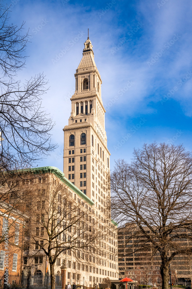 Hartford, CT - USA - Dec 28, 2022 Vertical view of the iconic Travelers Tower a 1919 neo-classical pink granite 24-story skyscraper in downtown Hartford.
