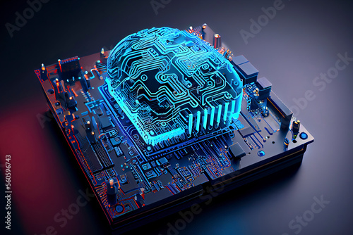 3D Rendering of artificial Intelligence hardware concept. Glowing blue brain circuit on microchip on computer