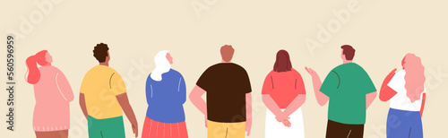 People view from the back looking up at the event, news, announcements. Advertising, message vector characters