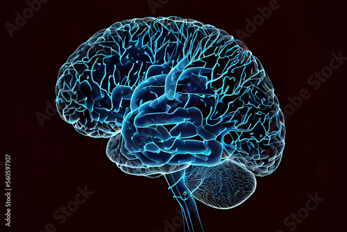 Human brain digital illustration. Electrical activity, flashes and lightning on a blue background