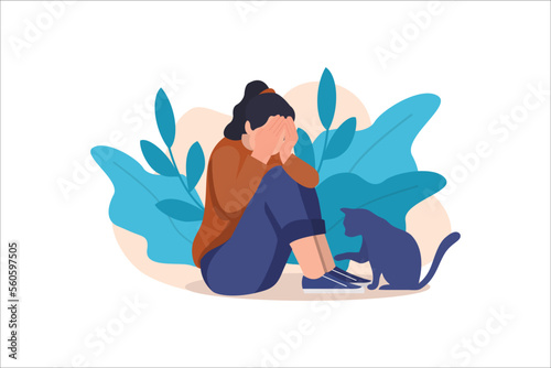 Depressed sad lonely woman in anxiety with cat, sorrow vector cartoon illustration. Loneliness concept of depression with stressed girl sitting and holding her knees need psychotherapy help,