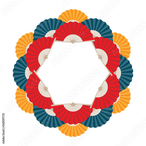 Chinese traditional hand fan forming a mandala frame. Abstract combination of hand fans