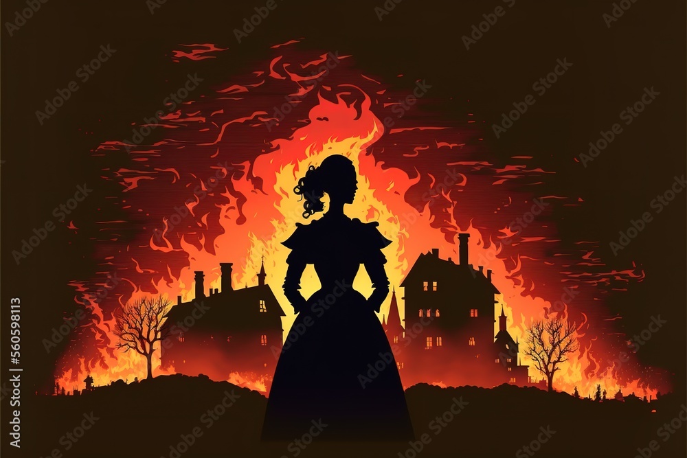 Silhouette of a woman in a burning village, illustration of war