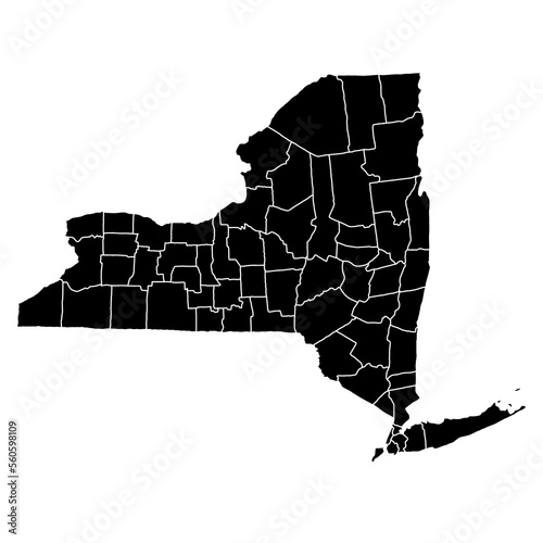 High detailed illustration map with counties, regions, states in black colour- New York