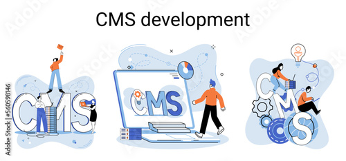 Digital content management system, CMS development software metaphor. Information system or computer program enable organize collaborative process of creating, editing and managing soft in network
