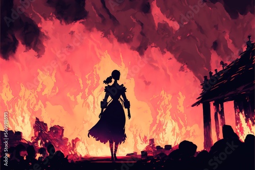 Silhouette of a woman in a burning village  illustration of war