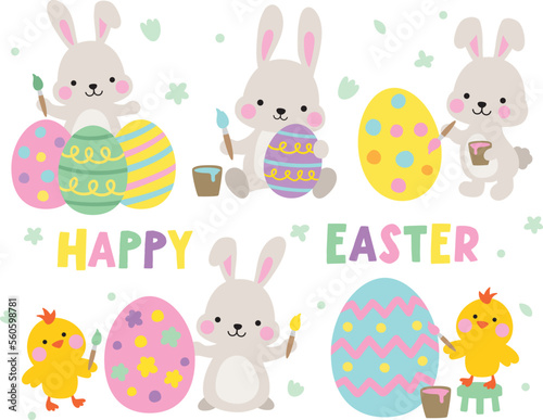 Cute grey bunny rabbits and baby chickens painting Easter eggs vector illustration.