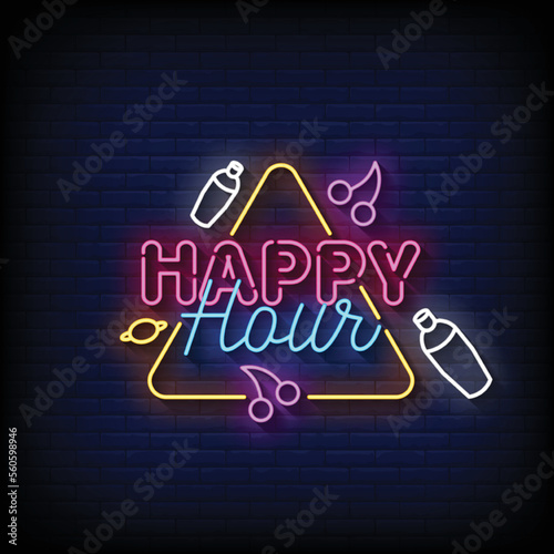 neon sign happy hour with brick wall background vector illustration