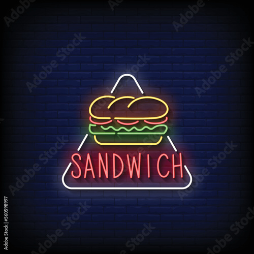 neon sign sandwich with brick wall background vector illustration