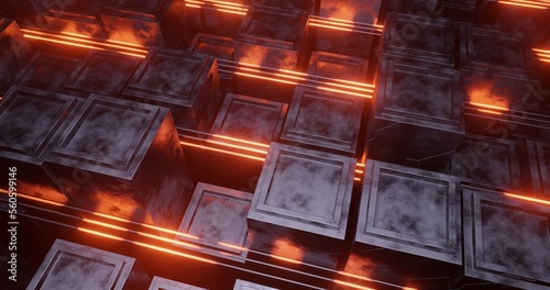 Abstract background using building pattern with metallic texture and voronoi, orange laser light, overview camera, 3d rendering and 4K size