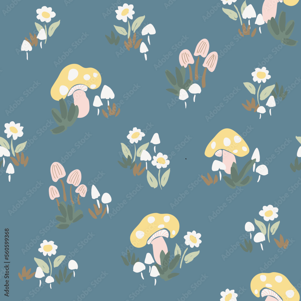 Beautiful garden of mushrooms and little flowers in a color palette of off white, yellow, pink and sage green on pastel blue background. Great for home decor, fabric, wallpaper, gift-wrap, stationery Beautiful garden of mushrooms and little flowers in a color palette of off white, yellow, pink and sage green on pastel blue background. Great for home decor, fabric, wallpaper, gift-wrap, stationery