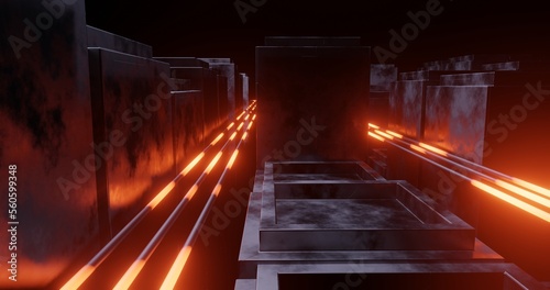 The abstract background uses a cube pattern with a metallic and voronoi texture, orange laser beam, a perspective camera, 3d rendering, and 4K size