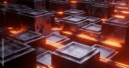 Abstract background using building pattern with metallic and voronoi texture, orange  laser light, perspective camera, 3d rendering and 4K size