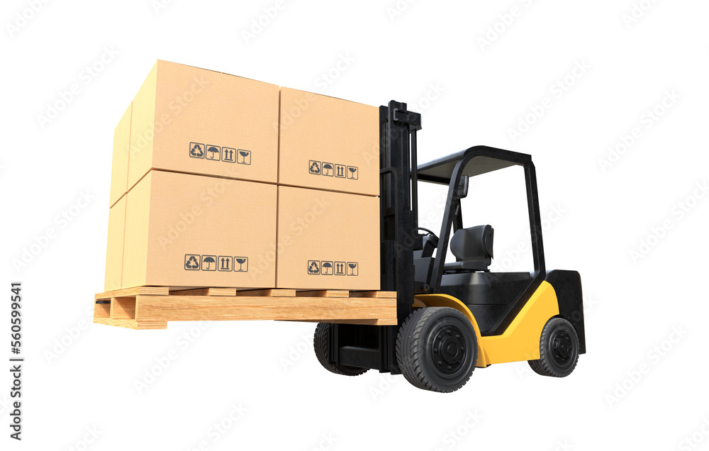 The forklift truck is lifting a pallet with cardboard boxes on transparent background, PNG file