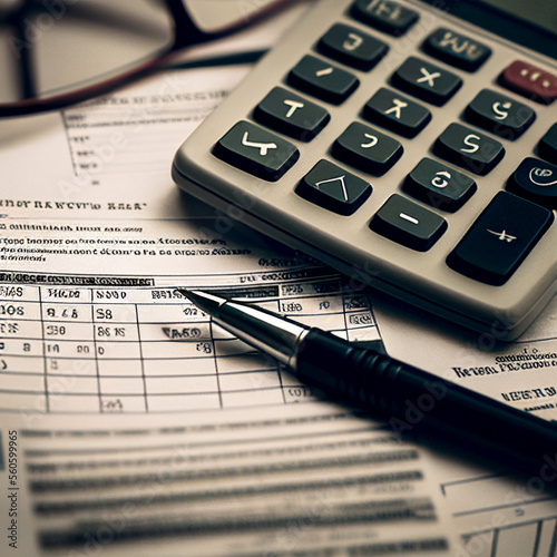 Tax paying concept. ax forms with paper documents, forms, pen, glasses and calculators.
