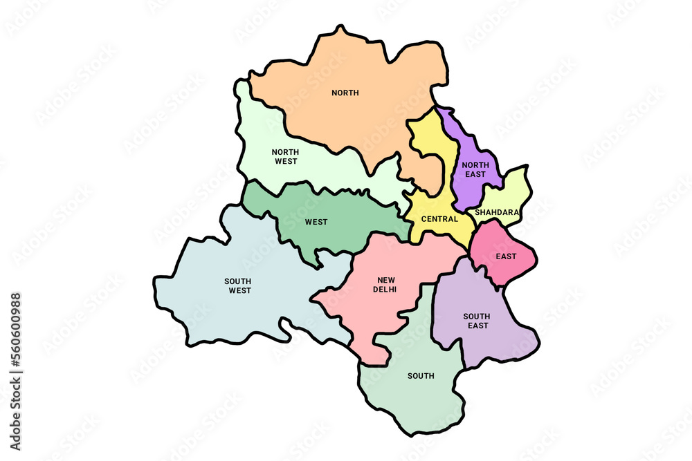 outline map of Delhi India and his colourful districts