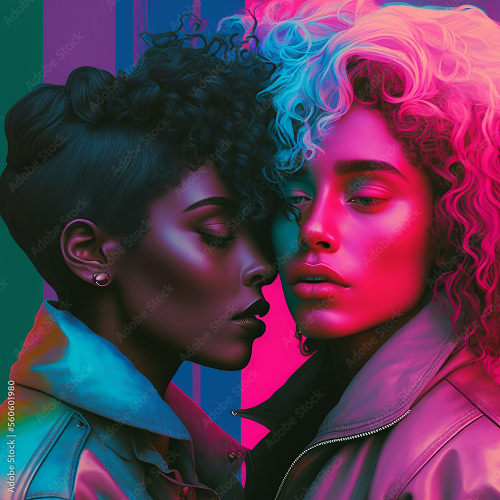 Naklejka premium Lesbian Black Vaporwave Romance Love Historical made with Generative AI