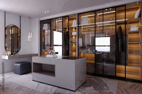 3d rendering,3d illustration, Interior Scene and  Mockup,dressing room and walk in closet render in modern style.