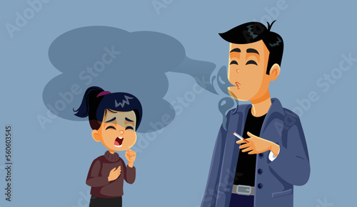 Child Exposed to Secondhand Smoking Vector Cartoon Illustration. Irresponsible parent smoking a cigarette in front of her daughter

