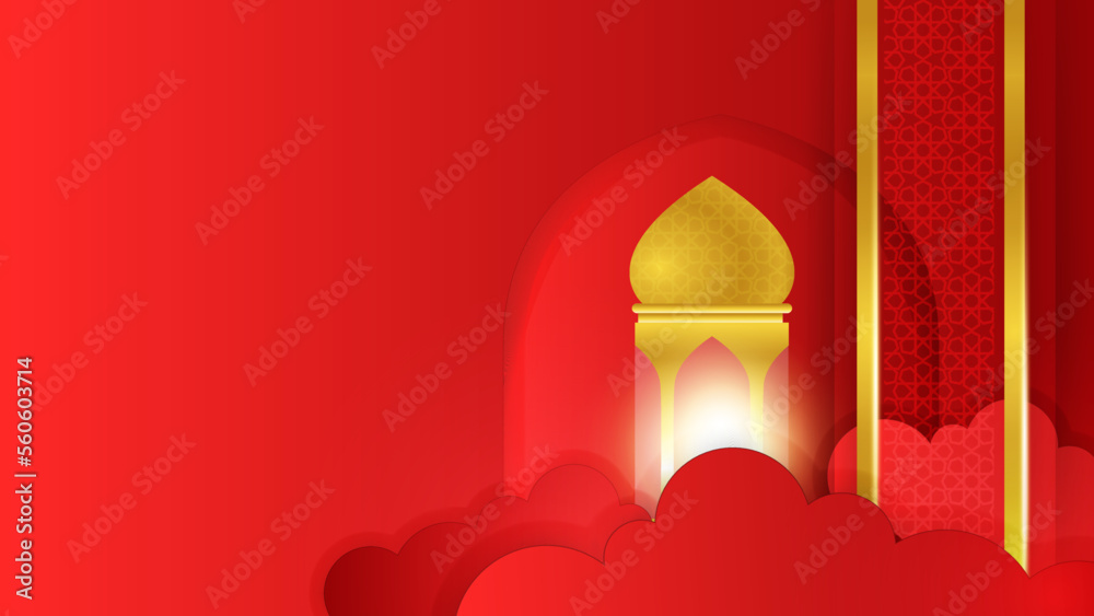 Eid Mubarak with illuminated lamp. Red Vector Illustration.